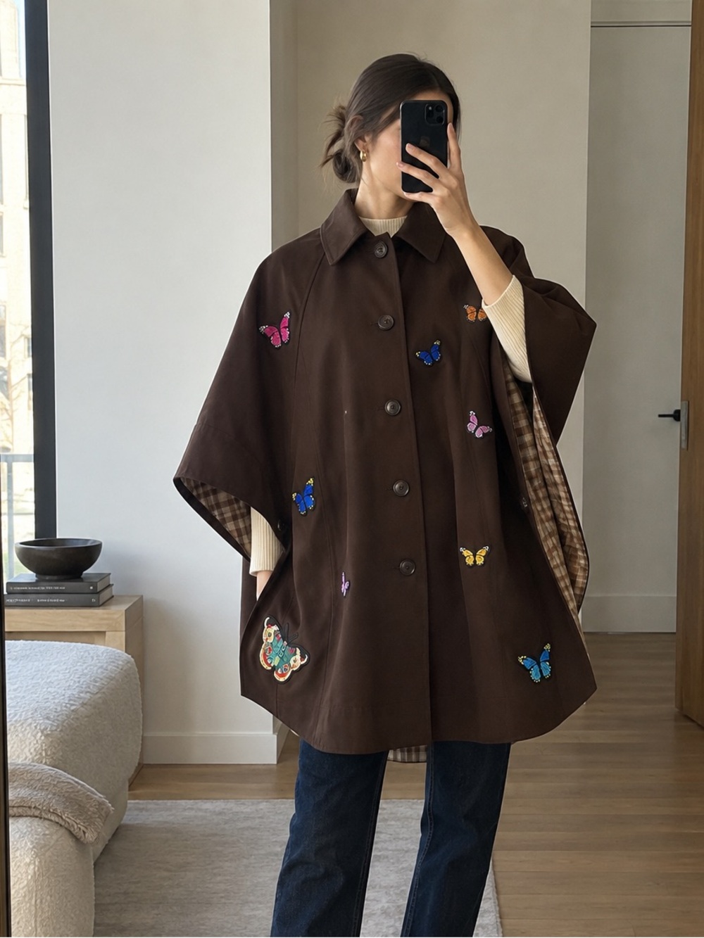 H&M Dark Brown Cape Coat Custom Butterfly Patch Size M